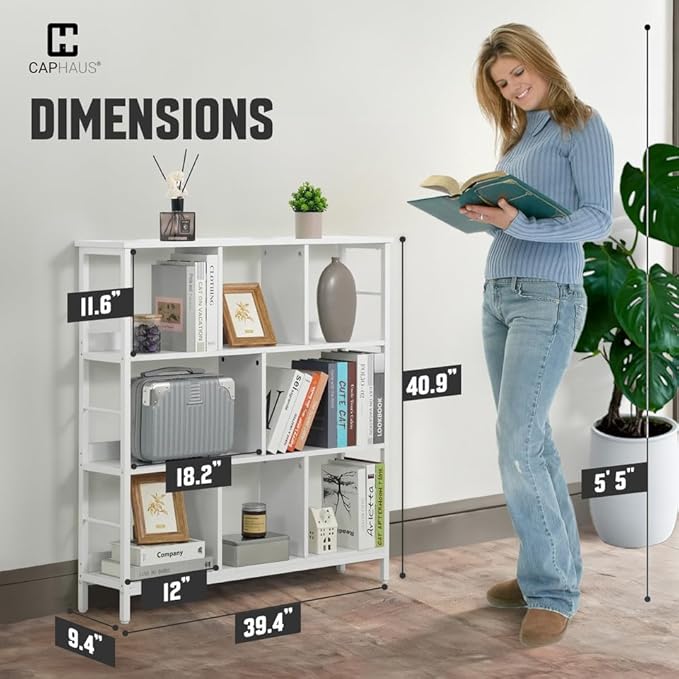 CAPHAUS 8 Cube Storage Organizer, 40” Wide 3 Tier White Industrial Open Shelf Bookcase, Display Shelf, Horizontal Bookshelf with Metal Frame, Wooden Board, for Living Room, Bedroom, Office-NeatNest