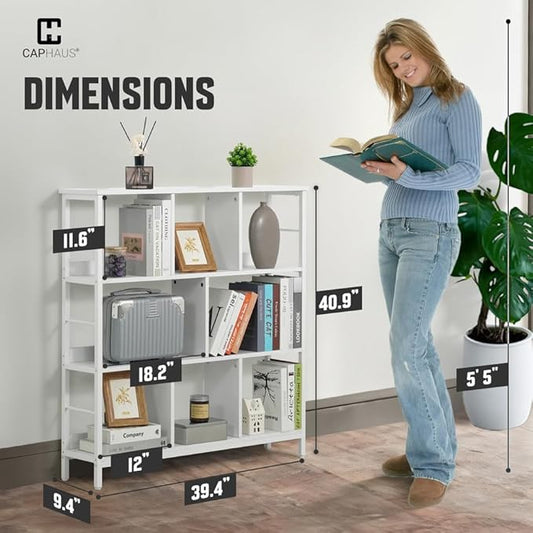 CAPHAUS 8 Cube Storage Organizer, 40” Wide 3 Tier White Industrial Open Shelf Bookcase, Display Shelf, Horizontal Bookshelf with Metal Frame, Wooden Board, for Living Room, Bedroom, Office-NeatNest