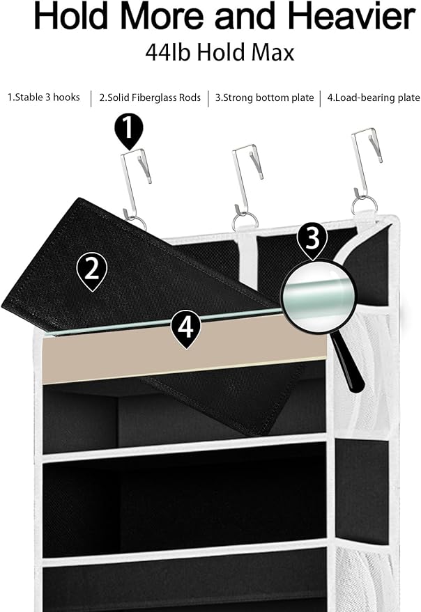 1 Pack Over The Door Storage Organizer with 5 Pockets 10 Mesh Side Pockets, 44 lbs Weight Capacity Door Hanging Organizers and Storage for Bedroom,Bathroom,Nursery,Pantry,Dorm(Black)-NeatNest