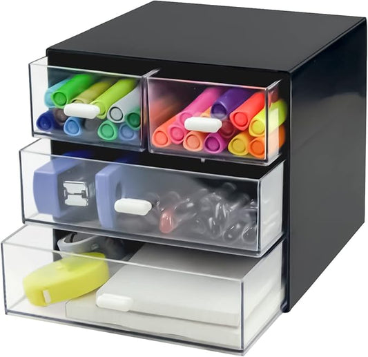 Desk Organizer with Drawer, Desk Storage Box, Plastic Office Stationery Supplies Organizers, Desktop Organizer for Office School Home (4 drawer, Black)-NeatNest