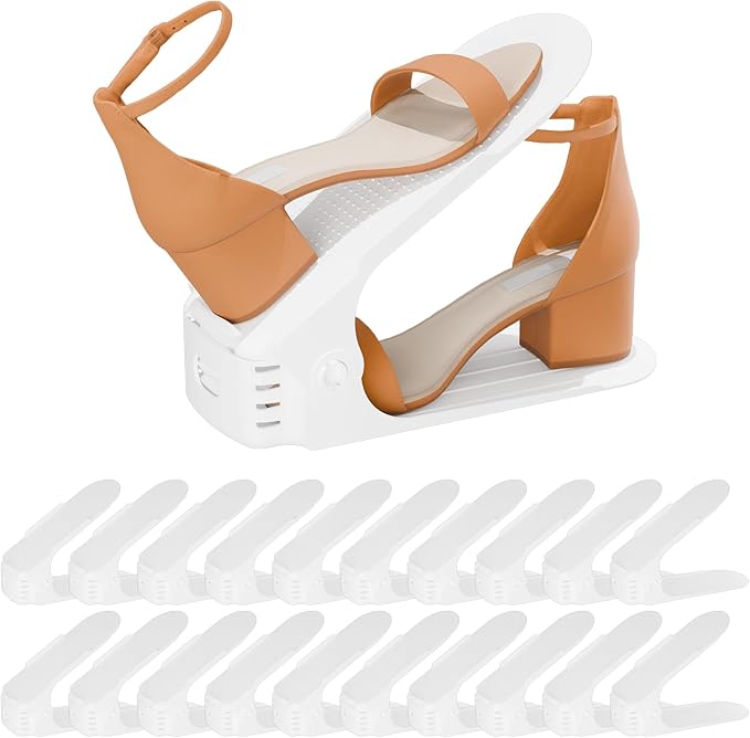 Shoe Slots Organizer, 20PCS Adjustable Double Layer Stack Shoe Rack, 50% Space-Saving Storage Rack Holder, White-NeatNest