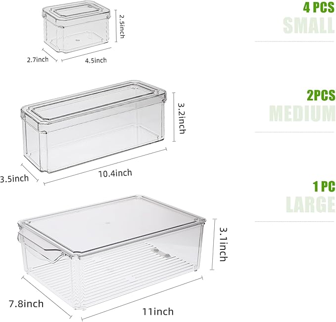 Refrigerator Organizers and Storage, 7 Pack Stackable Clear Drawer Storage Containers and Bins with Lids for Salad Bar, Fruits, Vegetables, Food, Produce, Kitchen and Fridge Organization