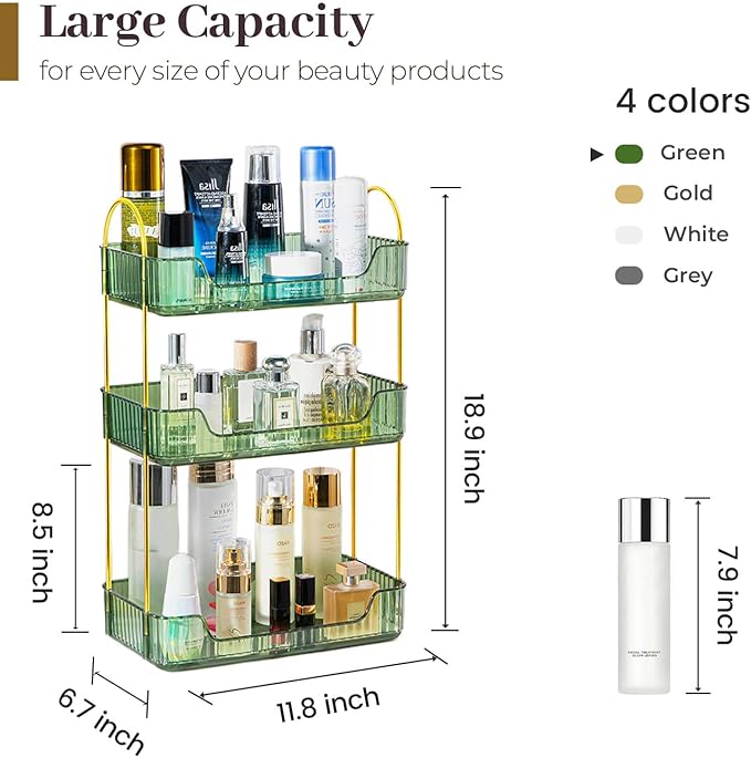 Aveniee Bathroom Counter Organizer, 3 Tier Perfume Skin Care Countertop Storage Shelf, Vanity Makeup Tray for Cosmetic Skincare Lotion,Green-NeatNest