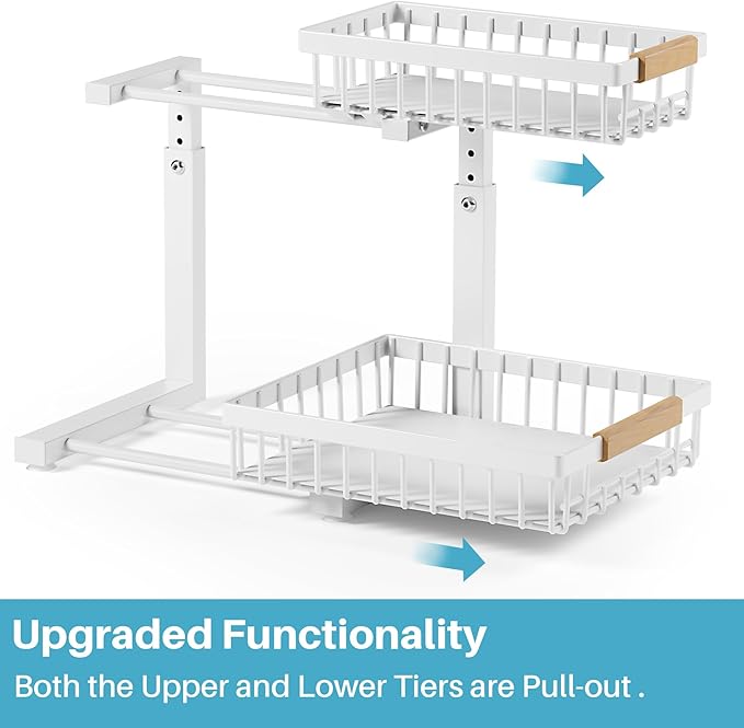 1 Packs Under Sink Organizer,Small Shelf for narrow spaces,2 Tiers Pull Out Under Cabinet Organizer,Adjustable Height,Slide Out Thickened Metal Under White-NeatNest