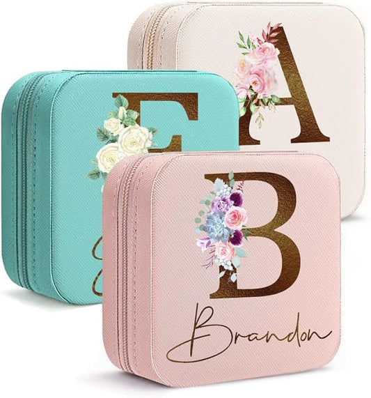 DayOfShe Personalized Bridesmaid Gifts-Travel Jewelry Box for Bachelorette Party Gifts-Leather Initial Floral Jewelry Organizer for Maid of Honor Gift for Bridesmaids-NeatNest