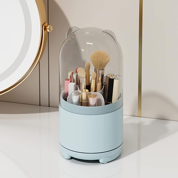 Cute Makeup Brush Holder Organizer with Lid, Rotating Dustproof Make Up Brushes Container with Clear Acrylic Cover for Vanity Desktop Bathroom Countertop-NeatNest