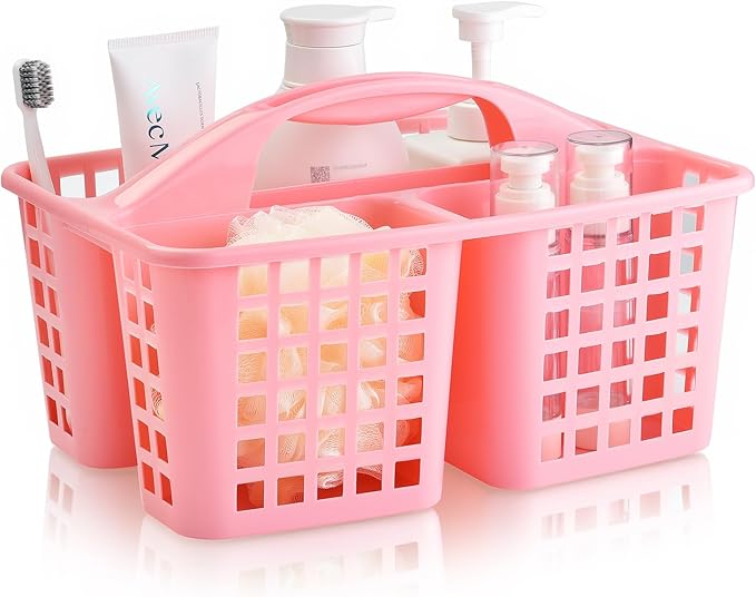 Haundry Plastic Shower Caddy Basket with 3 Compartments, Portable Divided Cleaning Supply Storage Organizer with Handle (Pink)-NeatNest