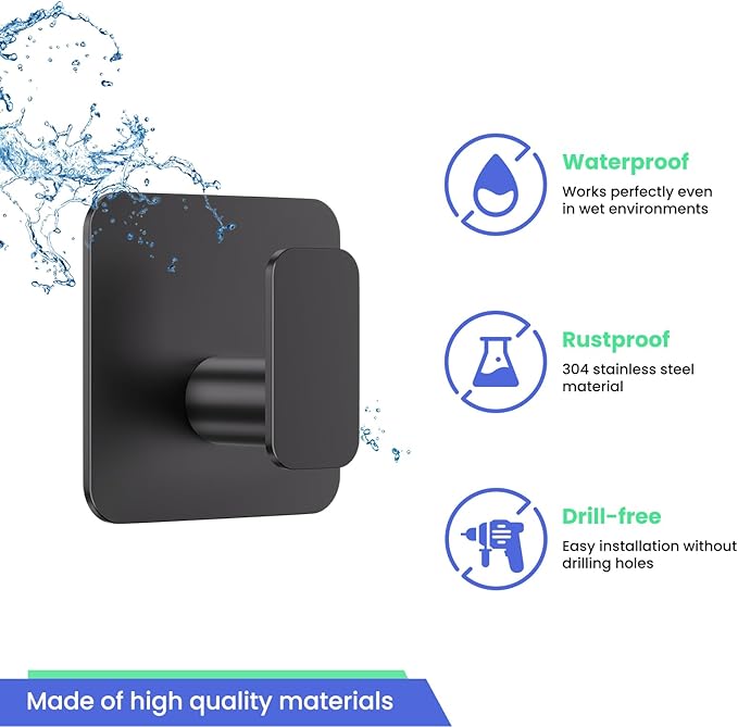 Black Hooks for Hanging Heavy Duty, Adhesive Hooks for Shower, Bathroom, Kitchen, Robe, Towel, Coat, Waterproof & Rustproof Hook for Walls No Damage, Stainless Steel Sticky Hook - 4 Pack-NeatNest