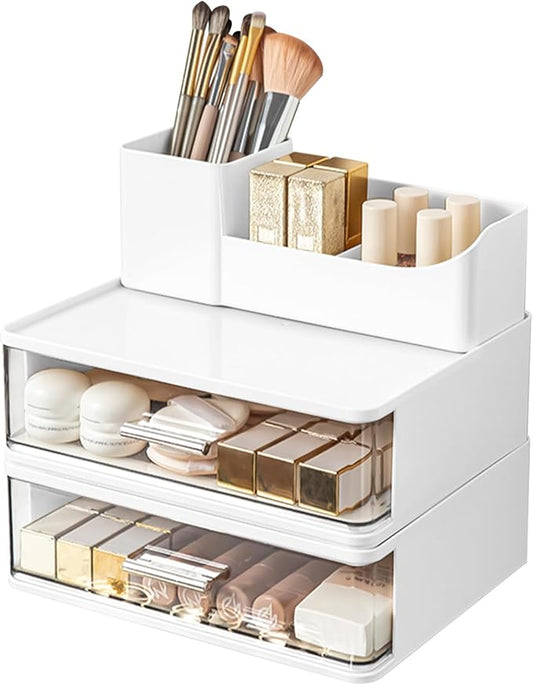DASITON Makeup Organizer for Vanity with 2 Drawers, Stackable Cosmetic Organizer with Makeup Brush Holder, Plastic Bathroom Organizer Skincare Storage for Brushes, Eyeshadow, Lotions, Lipstick (White)-NeatNest