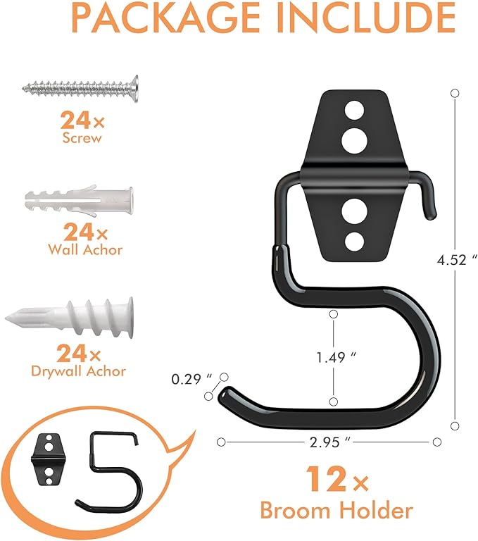 LIGHT DUST Broom Holder Wall Mount - 6 Pack Tool Hangers Garage Wall Hanging Organizer - Heavy Duty Metal Large S Hooks for Mop Shovel Rake Shed Garden Lawn Yard Handle Tools Organization (Black)-NeatNest