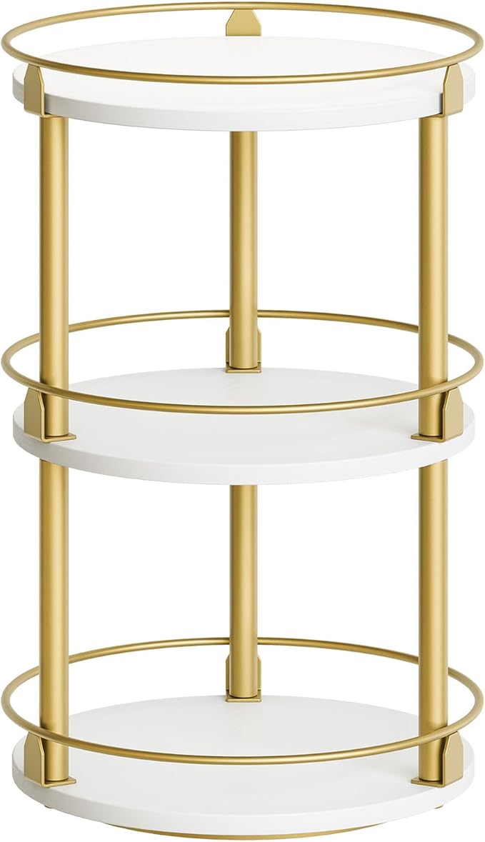 3-Tier Lazy Susan, Rotating Spice Rack, Spinning Organizer, Industrial Turntable Spice Rack for Cabinet, Kitchen Countertop, Pantry, White and Gold SR23DW-NeatNest
