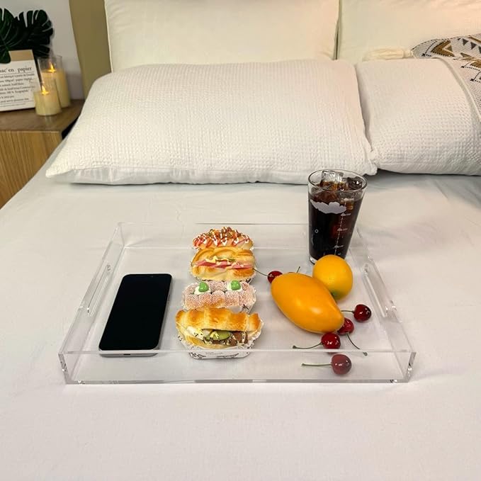 Clear Sturdy Acrylic Serving Tray with Handles-12x16Inch-Serving Coffee,Appetizer,Breakfast,Butler-Kitchen Countertop -Makeup Drawer Organizer-Vanity Table -Ottoman-NeatNest