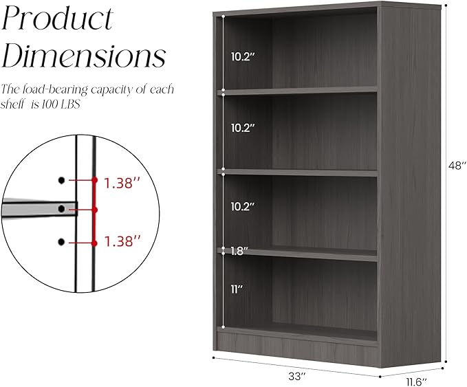 Farini 48 Inch Tall 4-Shelf Bookcase, Wood Bookshelf Storage Organizer Adjustable Shelf for Home Office, Study Room, Easy Assembly,Grey