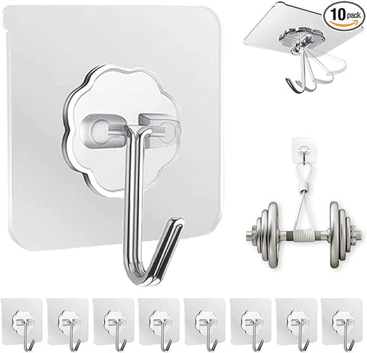 DDMY Hooks for Hanging, 10 Pack Wall Hooks 33lb(Max) Transparent Reusable Waterproof Adhesive Hook for Kitchen Curtain, Towel Hook for Bathrooms, Heavy Duty Self Coat Hook for Walls No Damage-NeatNest