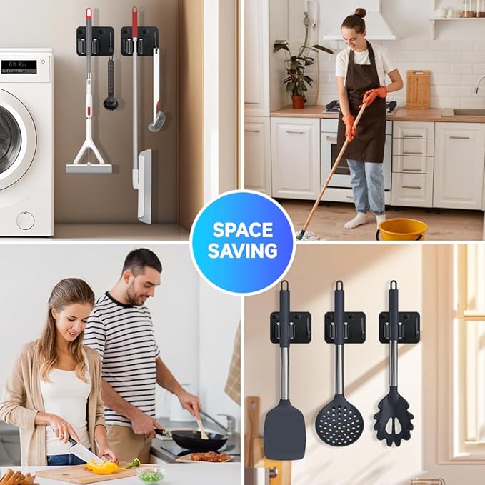 2-Pack Broom Holder with Heavy Duty Hooks, Upgraded Stainless Steel Mop Hanger. Wall Mount Utility Tool Rack for Kitchen Garden Laundry Garage. Matte Black.-NeatNest