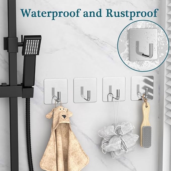 Adhesive Towel Hooks, 8 Pack Self Adhesive Coat Sticky Hooks for Hanging, Stainless Steel Stick on Wall Hat Hook, Bathrooms Kitchen Livingroom Garage, Silver