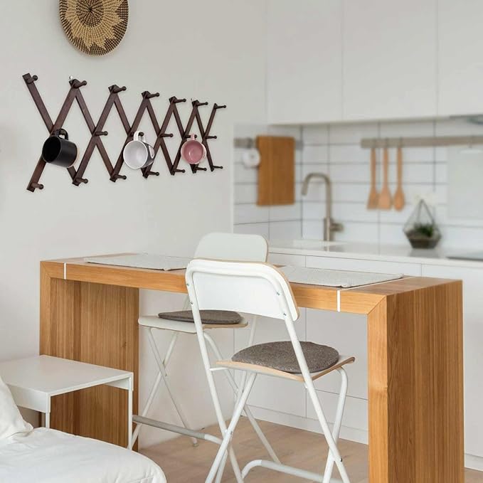 Accordion Wall Hanger with 20 Hooks, Expandable Wall Hat Display Rack, Wooden Wall Hook for Coat, Hats, Baseball Caps, Coffee Mug, Jewelry(Brown)-NeatNest