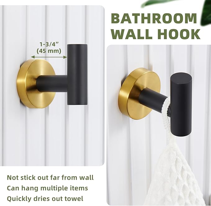 APLusee Bathroom Towel Hook Black & Gold, SUS 304 Stainless Steel Modern Robe Hook for Home Storage, Towel Hanger Wall Mounted