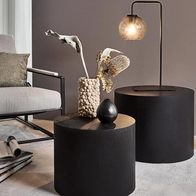 kevinplus Nesting Coffee Table Set of 2 for Living Room, Modern Round End Table Set, Wooden Circle Side Table and Accent Furniture for Bedroom Balcony Lounge Home Office, No Assembling, Matte Black