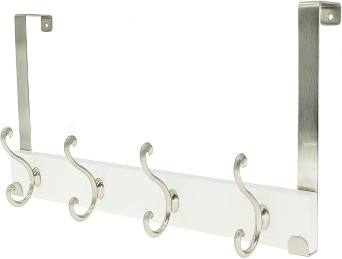 creathome Dual-Purpose Wooden Hanger with 4 Ring Hooks White Color, Behind/Over The Door Towel Rack for Bathroom, Heavy Duty Wall Mounted Coat Rack, No Drilling