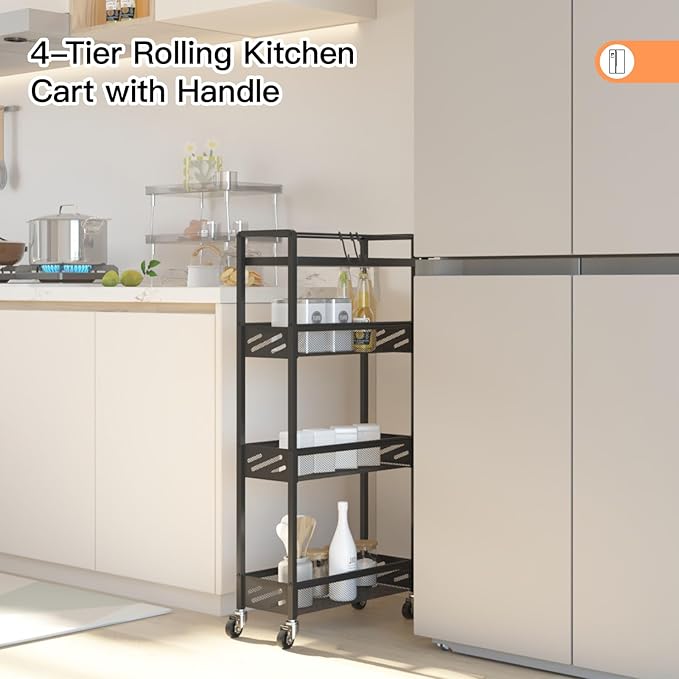 DGSNADGO Slim Rolling Storage Cart, 4-Tier Kitchen Cart on Wheels, Narrow Utility Cart with Handle and Wooden Tabletop for Small Space in Kitchen, Living Room, Bathroom, Laundry Room, Beige (Black)