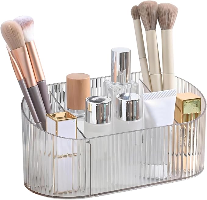 DASITON Large Capacity Makeup Brush Holder,5 Slot Makeup Brush Holder,Vintage striped Make Up Brush Holder,for Vanity Decor,Bathroom Countertops,Desk Storage Container,Cosmetic Display cases(Clear)-NeatNest