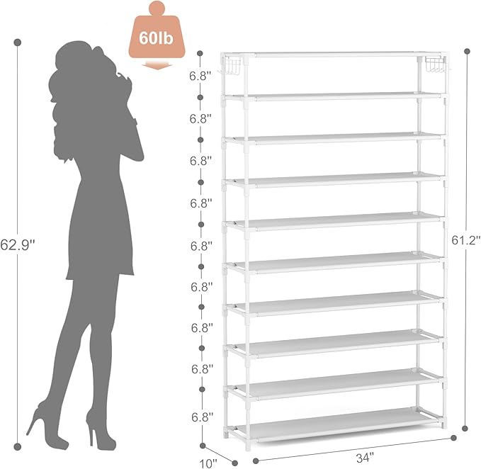 10 Tiers Shoe Rack 50 Pairs Large Capacity Tall Shoe Organizer Sturdy Shoe Storage with Two Hooks Space Saving Metal Wide Shoe Rack for Closet, Entryway, Bedroom, White-NeatNest