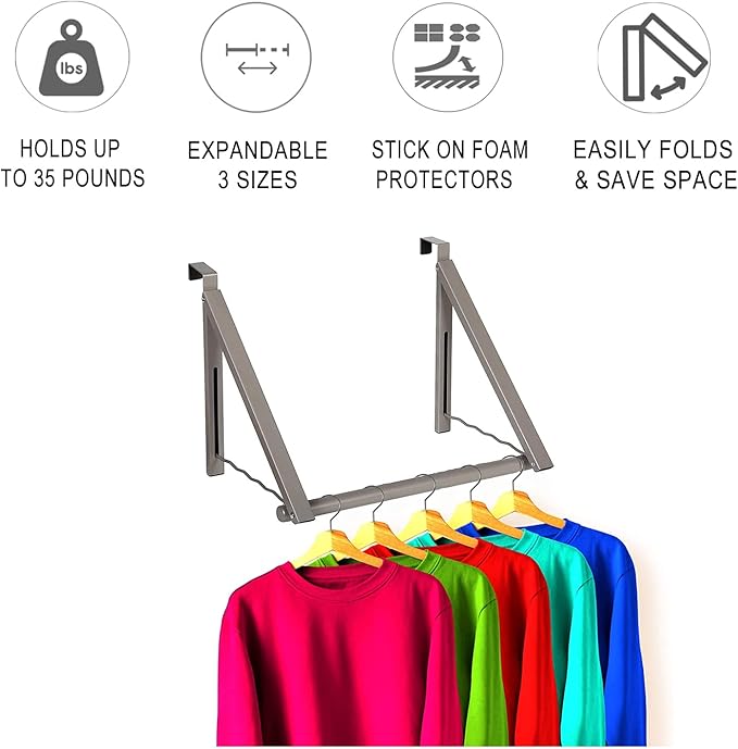 HOLDN’ STORAGE Over The Door Hanger - Foldable Rack Organizer for Hanging Clothes, Coats & Towels, Ideal for Dorm Rooms, Laundry, Bathrooms, Etc - Holds up to 35 LBs, Collapsible - Satin Nickel