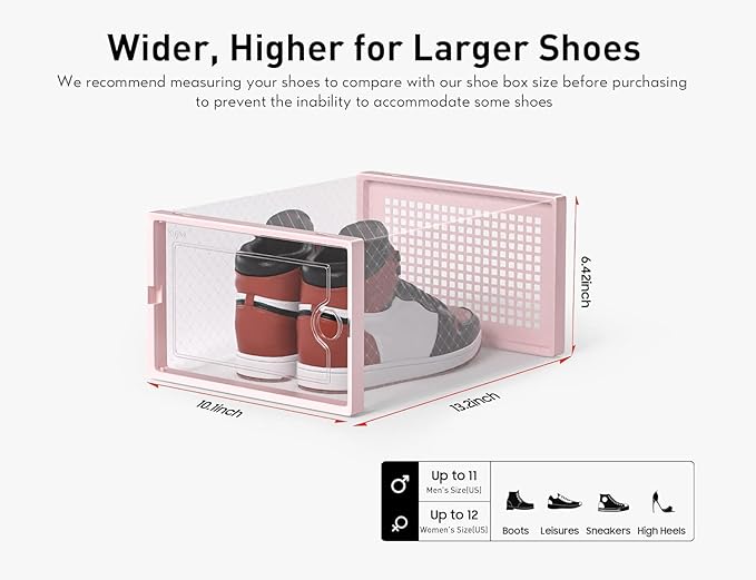Kuject X-Large Shoe Storage Boxes Organizers Clear Plastic Stackable 12 Pack, Shoe Rack & Holder Substitute, Sneaker Containers, Toy Storage Organizer Bins for Entryway, Closet, Under Bed, Pink-NeatNest