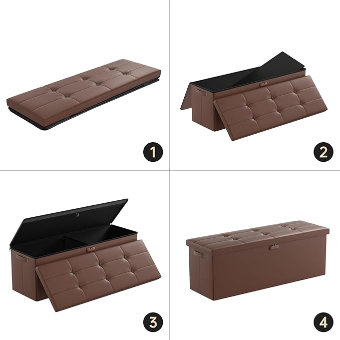 DocSafe Storage Ottoman Bench,Fireproof&Waterproof Folding Bench with Lock(15”x 43”x15”),Leather Storage Chest with Handles&2 Extra Boxes,Ottoman Safe for Bedroom,Living Room,Home Office,Brown-NeatNest