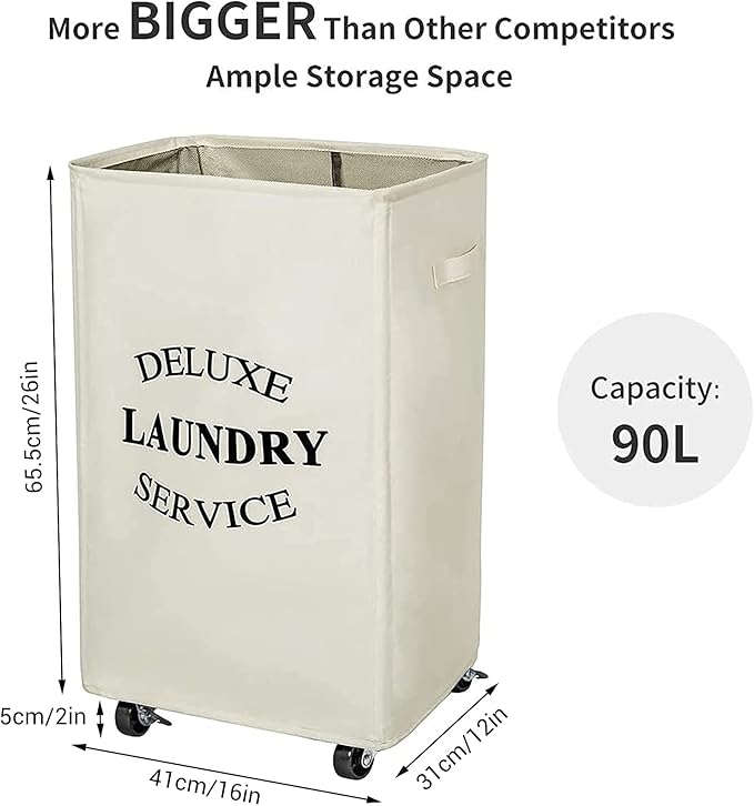 WOWLIVE Large Rolling Laundry Basket Wheels 90L Collapsible Tall Laundry Hamper Handle Foldable Dirty Clothing Basket Fold up Rectangular Hampers for Laundry Dorm Room (Beige)
