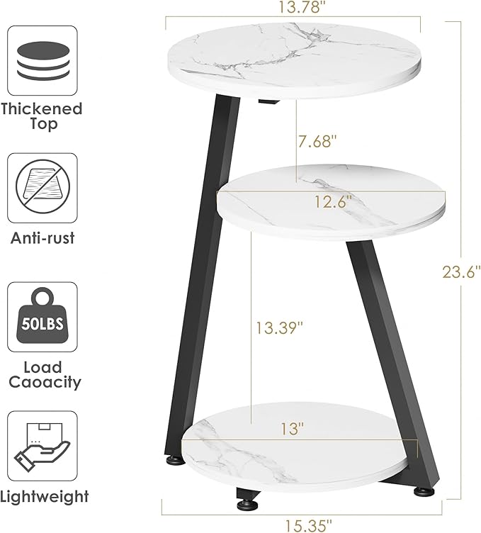BEWISHOME Round End Table Marble Side Table with Metal Frame, Small Nightstand with 3-Tier Shelves, Night Stand for Living Room Bedroom Tall Black KTZ41H-NeatNest