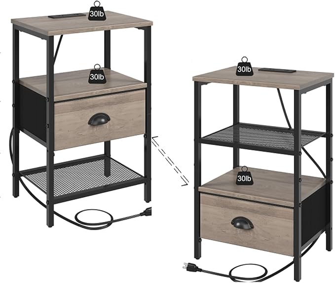 Nightstands Set of 2, Night Stands with Charging Station and Fabric Drawer, Grey Bedside Tables with Drawer, 2- Tier Side Table with Storage, Nightstands with Charging Station,Grey