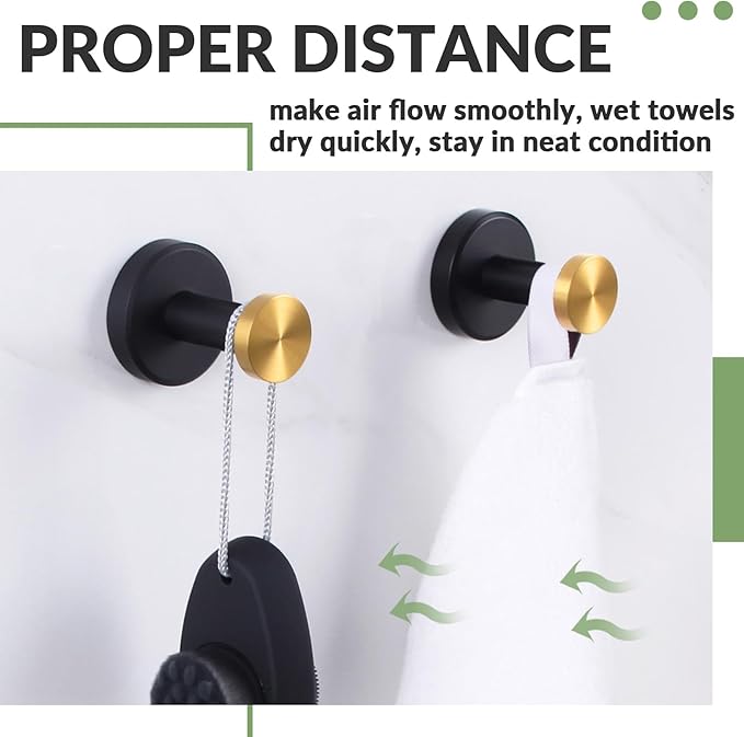 APLusee Bathroom Robe Towel Hook 2 Pack, Stainless Steel Round Clothes Holder, Toilet Bath Kitchen Door Wall Mounted Hanger, Black Gold