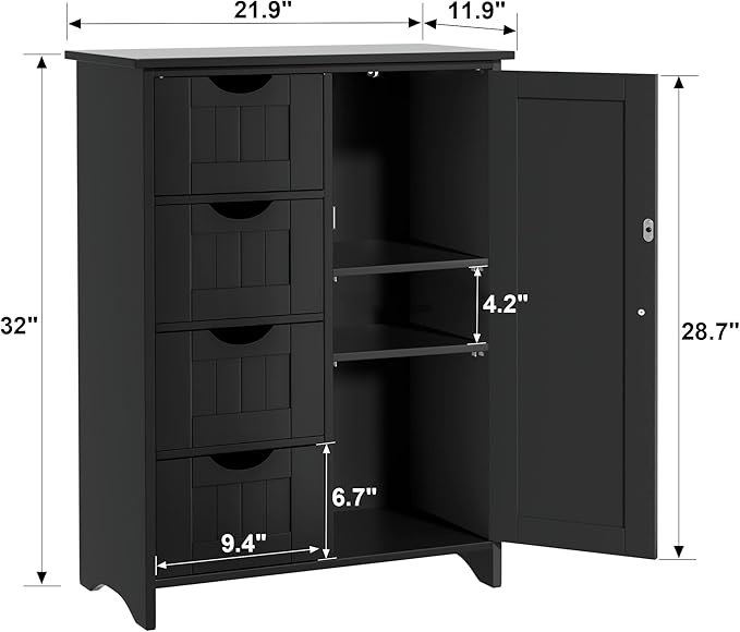 JUMMICO Bathroom Storage Cabinet, Floor Cabinet with 4 Drawers and 1 Adjustable Shelf, Storage Oragnizer for Living Room, Kitchen, Bathroom (Black)