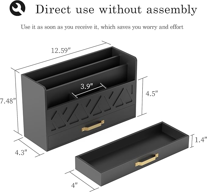 Bamboo Mail Organizer Countertop Wood Desk Organizer Drawer Tabletop Storage Box Letter Sorter Makeup Organizer for School Home Office Supplies Black-NeatNest