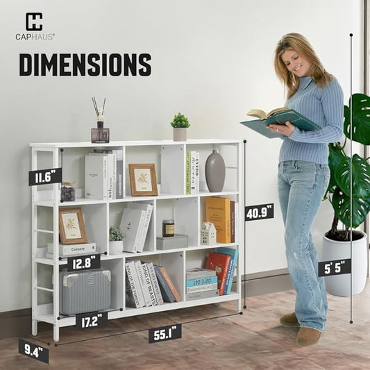 CAPHAUS 10 Cube Storage Organizer, 55” Wide 3 Tier White Industrial Open Shelf Bookcase, Display Shelf, Horizontal Bookshelf with Metal Frame, Wooden Board, for Living Room, Bedroom, Office-NeatNest