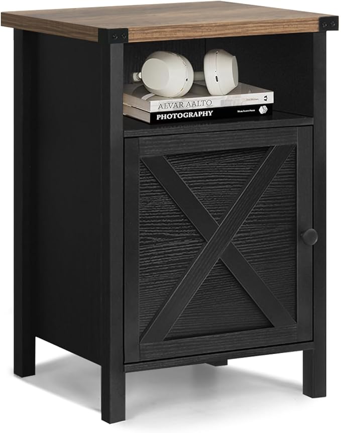 Black Farmhouse Nightstand, Side Table, End Table with Barn Door and Shelf, Rustic Modern Bed Night Stand for Bedroom, Living Room-NeatNest