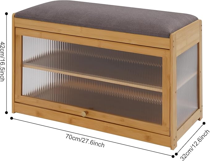 Eapmic Shoe Storage Bench, Entryway Shoe Rack Bench with Padded Seat Cushion, 2-Tier Shoe Cabinet, Bamboo Shoe Organizer for Hallway Bedroom Living Room Front Door (Burlywood, 27.56 * 12.6 * 16.53in)