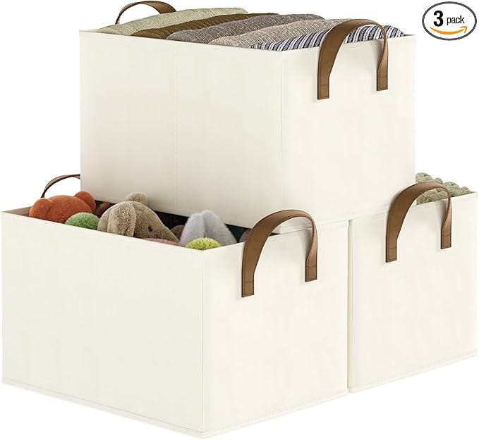 Closet Storage Bins, Fabric Closet Organizers and Storage Basket for Shelves, Collapsible Shelf Baskets for Organizing Shelves, Bedroom Clothes Basket, Beige, 3 Pack-NeatNest