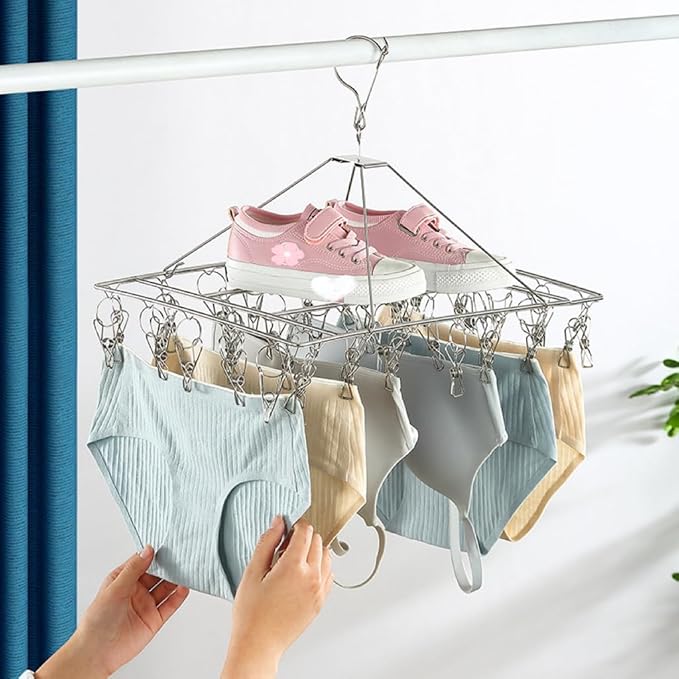 2 Pack Stainless Steel Sock Drying Rack with 80 Clips,360° Rotatable Windproof Hook Clothes Hanger Rack for Herb,Bras,Underwear,Baby Clothes,Hat,Scarf,Pants,Gloves,Towel and Laundry Accessories-NeatNest