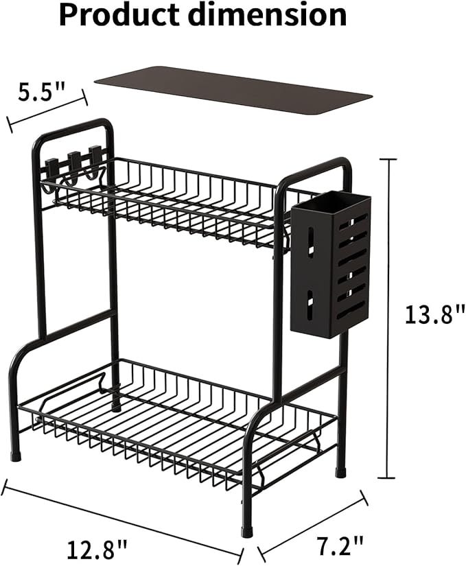 Bathroom Countertop Organizer With Toiletries Basket, 2 Tier Bathroom Counter Storage Rack with Adjustable Feetpad, No-Screw Caddy Stand for Vanity, Sturdy Metal Wire Black, Medium 12.8''L x 7.2''W