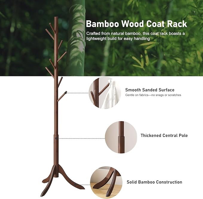 Bamboo Wood Coat Rack Stand, Freestanding Coat Tree with 8 Hooks, Hallway Entryway Hat Hanger Organizer Standing for Bedroom, Office, Clothes, Jackets, Bags, Umbrallas-NeatNest