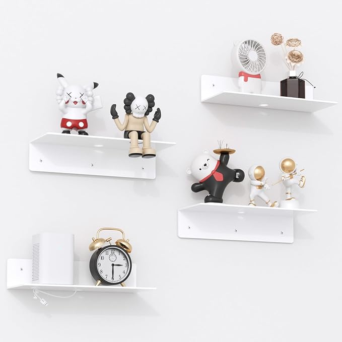 12" White Acrylic Floating Shelves, 4 Pack with Cable Clips, Small Floating Shelf for Expand Wall Display Space in Living Room, Bathroom, Gaming Room, Dorm Wall Decor-NeatNest