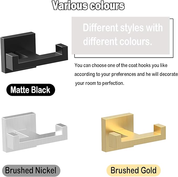 BOZWELL 1 Double Towel Hook and 2 Towel Hooks for Bathroom Light Brushed Gold Wall Mount,3 Pack Modern Square Style Coat Robe Hook,Stainless Steel Heavy Duty Door Hanger for Bathroom 1502-G-3