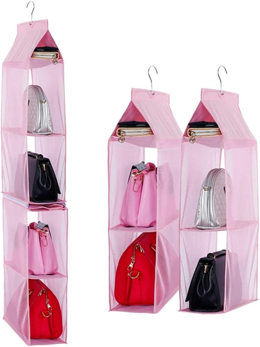 Detachable 4 Compartment Organizer Pouch Hanging Handbag Organizer Clear Purse Bag Collection Storage Holder Wardrobe Closet Space Saving Organizers System for Living Room Home Use (Pink)-NeatNest