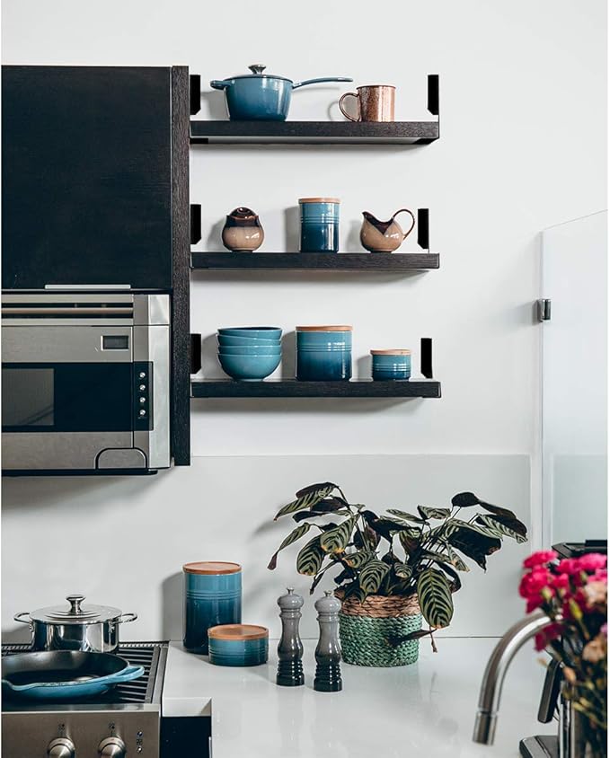 Heavy Duty Angle Shelf Brackets 8 Inch Anti-Rust Floating Shelves Support Brackets Decorative Shelf Brackets Industrial Rustic Farmhouse Flat Curved Black for 8-10 Inch Board( 4-Pack Hardware Only)-NeatNest