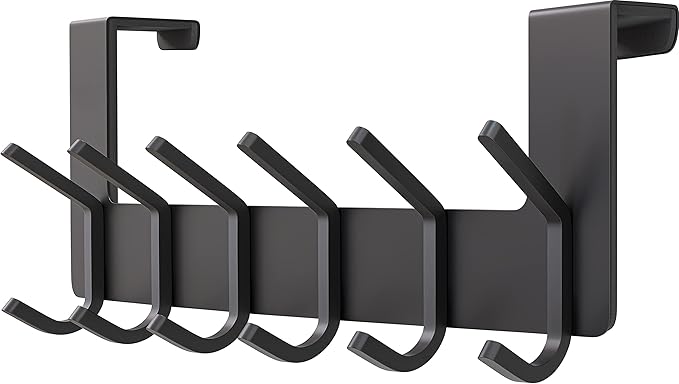 Matte Black Over The Door Hooks – Heavy Duty Stainless Steel Door Hanger with 6 Double Hooks for Hanging Towels, Coats, Robes, Hats, Bags – No Drill Over Door Towel Rack for Bathroom & Bedroom