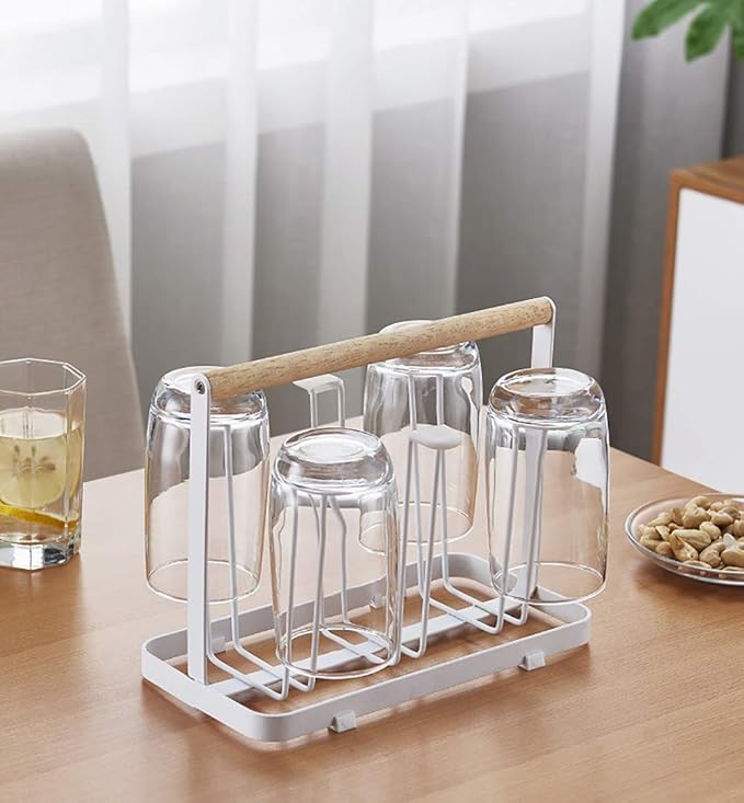 Cup Drying Rack Stand, 6 Cup Metal Drainer Holder Rack Non-Slip Mugs Cups Organizer with Wood Handle, White-NeatNest