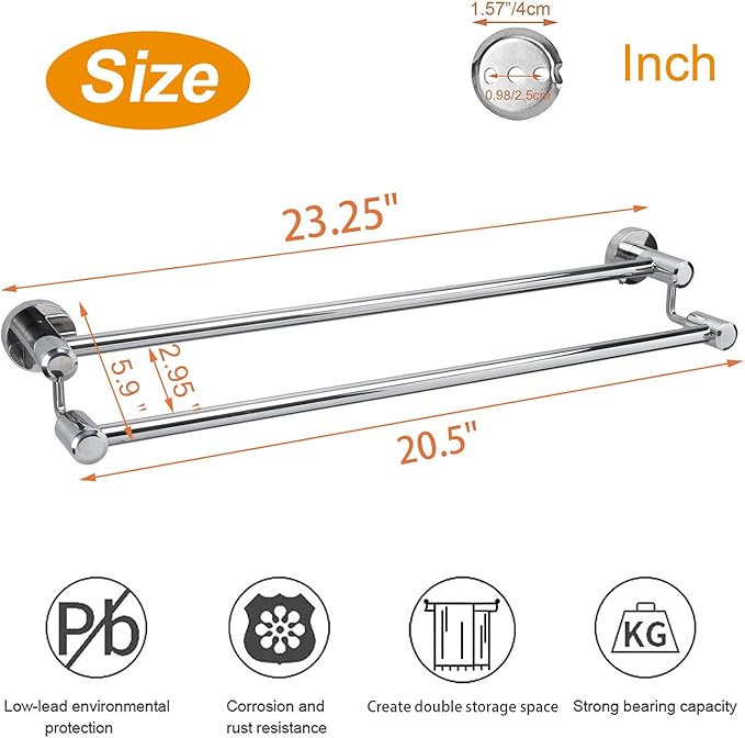 TocTen Double Bath Towel Bar - Thicken SUS304 Stainless Steel Towel Rack for Bathroom, Bathroom Accessories Double Towel Rod Heavy Duty Wall Mounted Towel Holder (Chrome, 24)